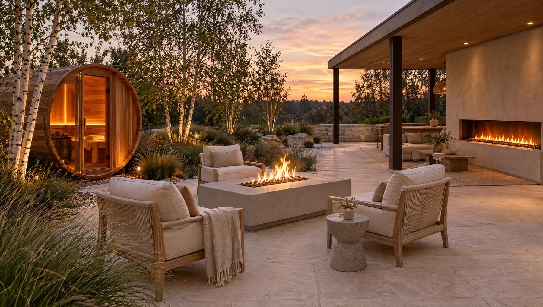 A backyard at dusk with a cedar barrel sauna, a concrete gas fire table and a covered lanai with a linear fireplace