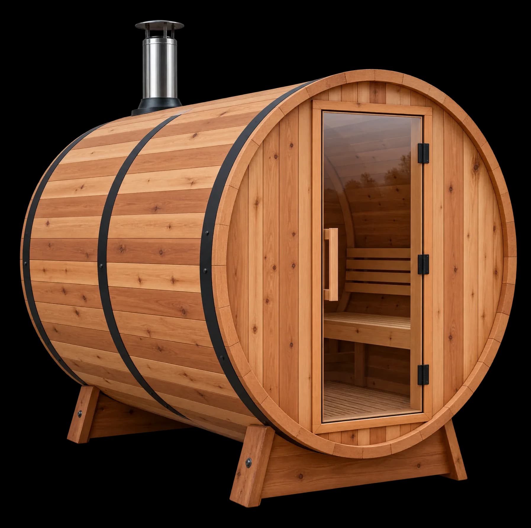 Cedar barrel sauna with a glass door