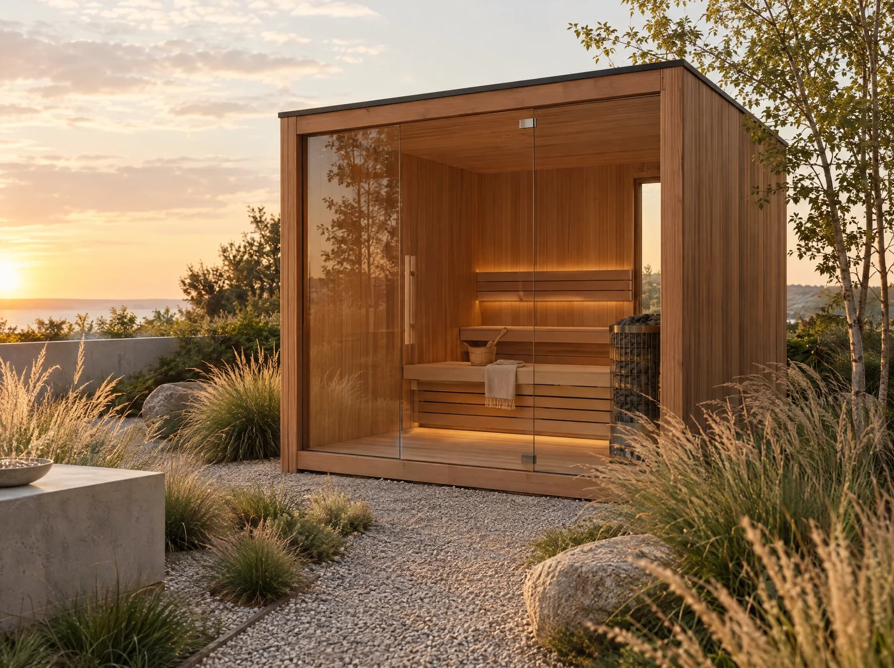 Cabin sauna with a full glass front in a garden