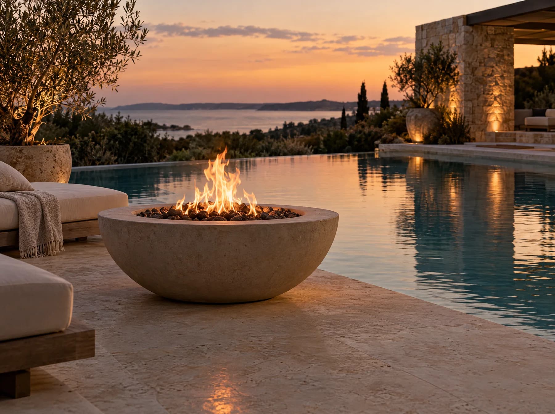 Round concrete fire bowl beside a pool at dusk