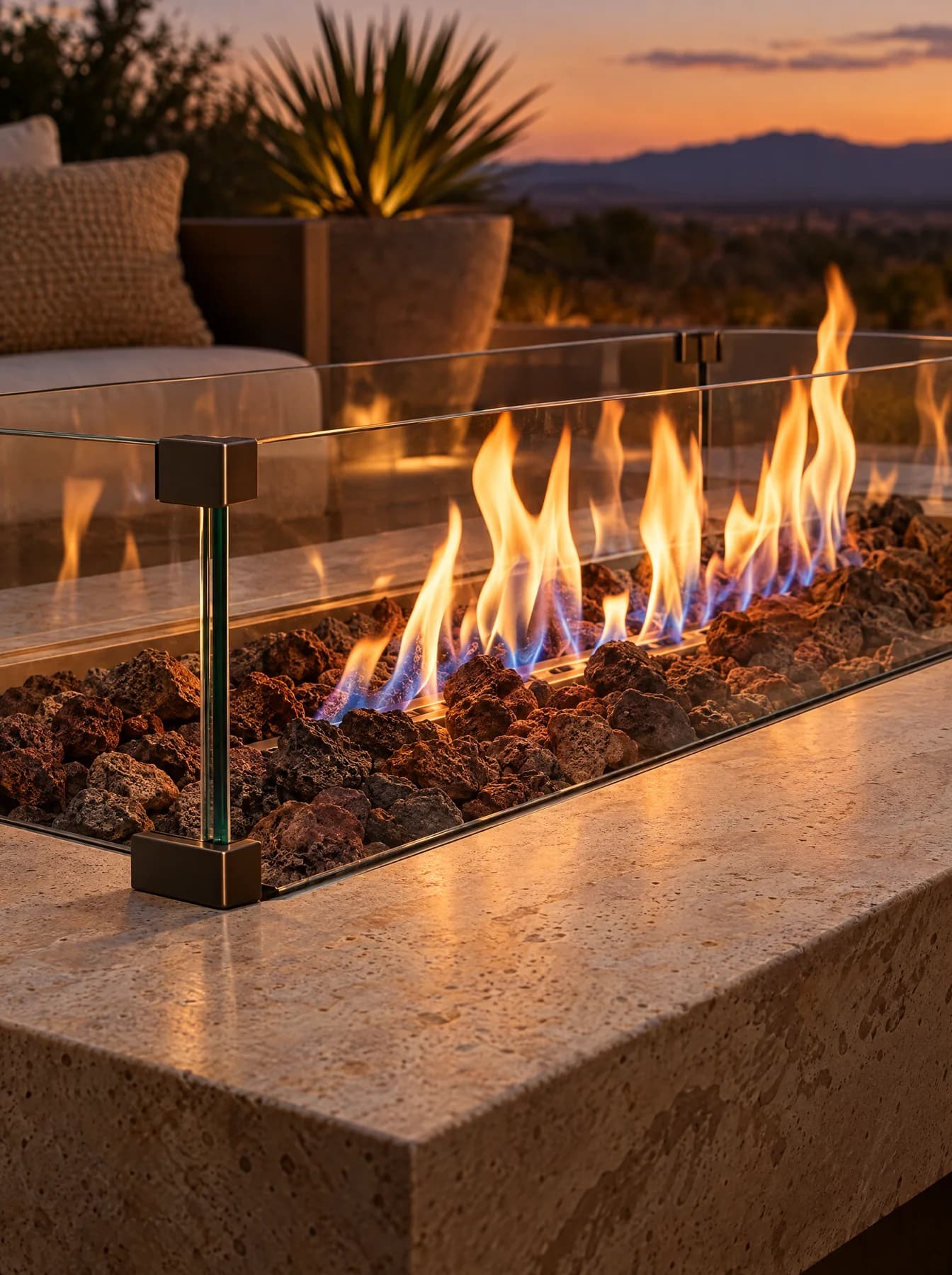 Gas fire table burner with flame rising through lava stone