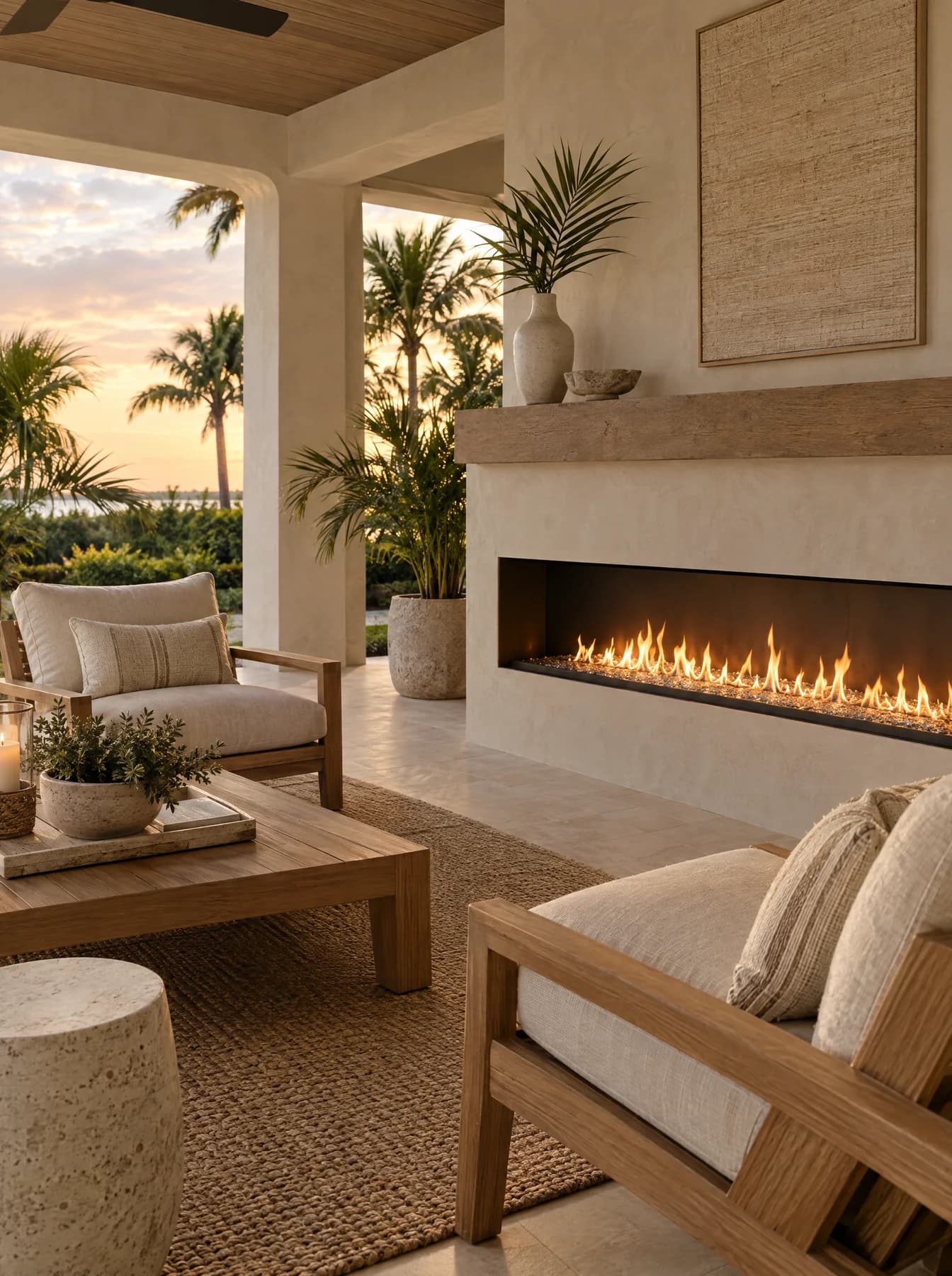 Linear electric fireplace built into a lanai wall