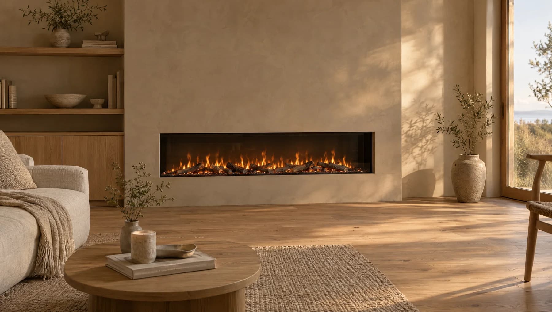 Linear electric fireplace built into a plaster wall