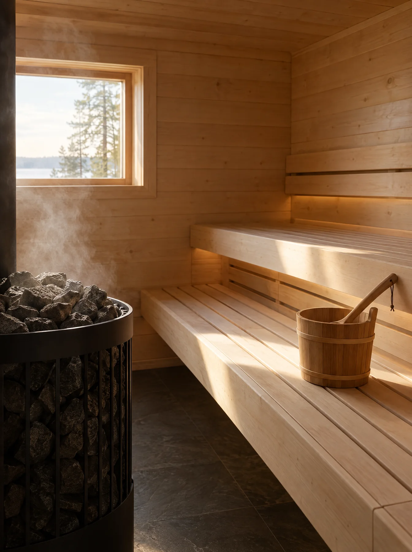 Inside a Finnish sauna: pale wood benches and a stone heater