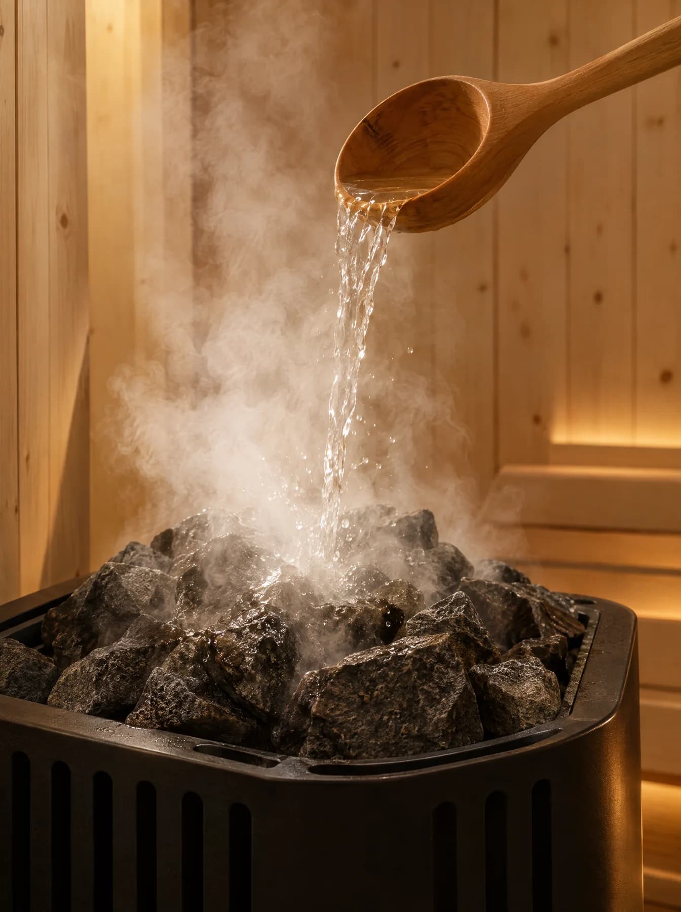 Water poured on hot sauna stones, steam rising